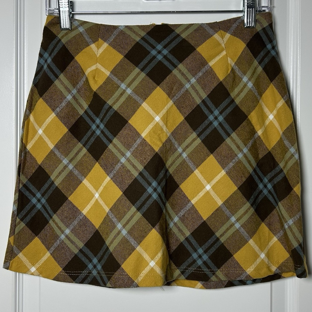 Altar'd State Yellow Blue Plaid‎ High Waisted Mini Skirt Ivy League Preppy Style